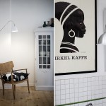 Bestlite lamp, vintage chair and an old cabinet painted light grey. And over the kitchen counter top an old Coffee poster and a print made by Sines dad.
