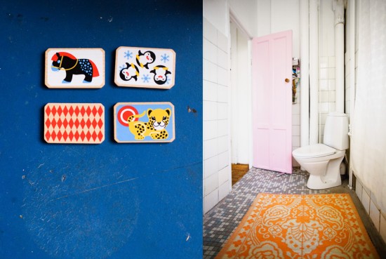 I´m crazy about this bathroom. Visable pipes, pink door, the floor, the rug. Gosh!