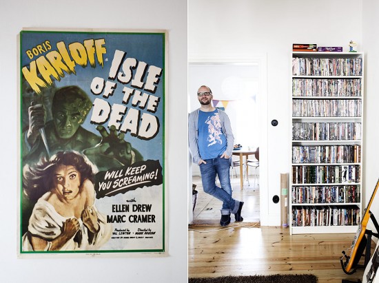 A bookshelf stuffed to the breaking point with DVD´s and a damsel in distress