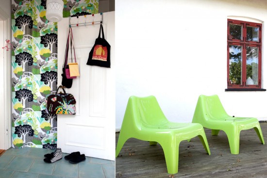 Ikea ps chairs outside and a curtain that hides all the clothes and shoes