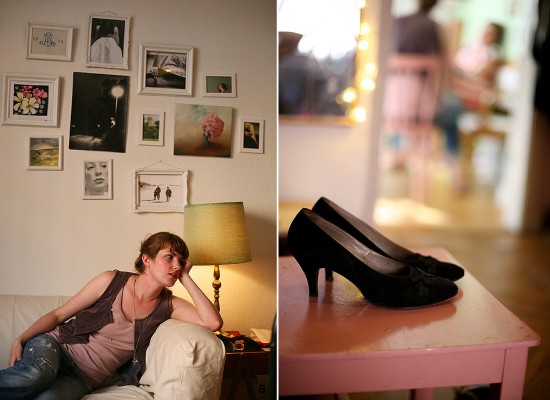 Märta relaxing on the couch, with her dancing shoes on a chair